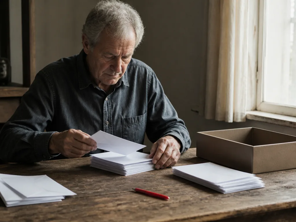 Photorealistic editorial photograph of weathered hands sorting blank envelopes and unmarked paper stacks on a worn woode