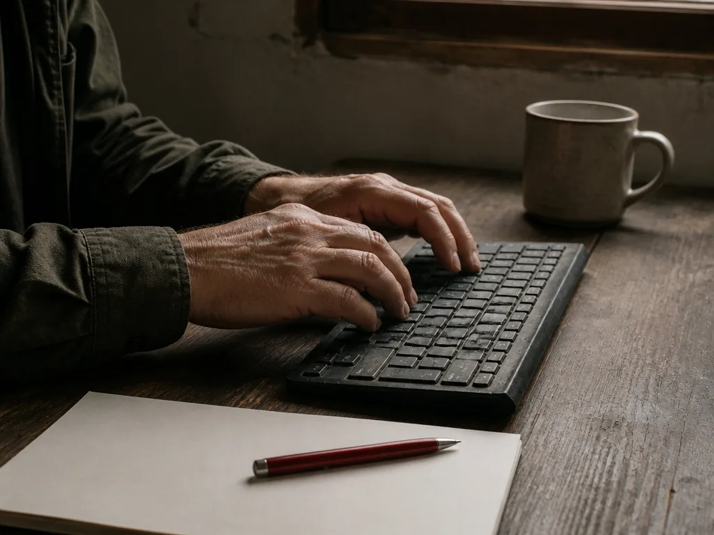 Photorealistic editorial photograph of a researcher's weathered hands typing on a worn keyboard at a wooden desk, red pe