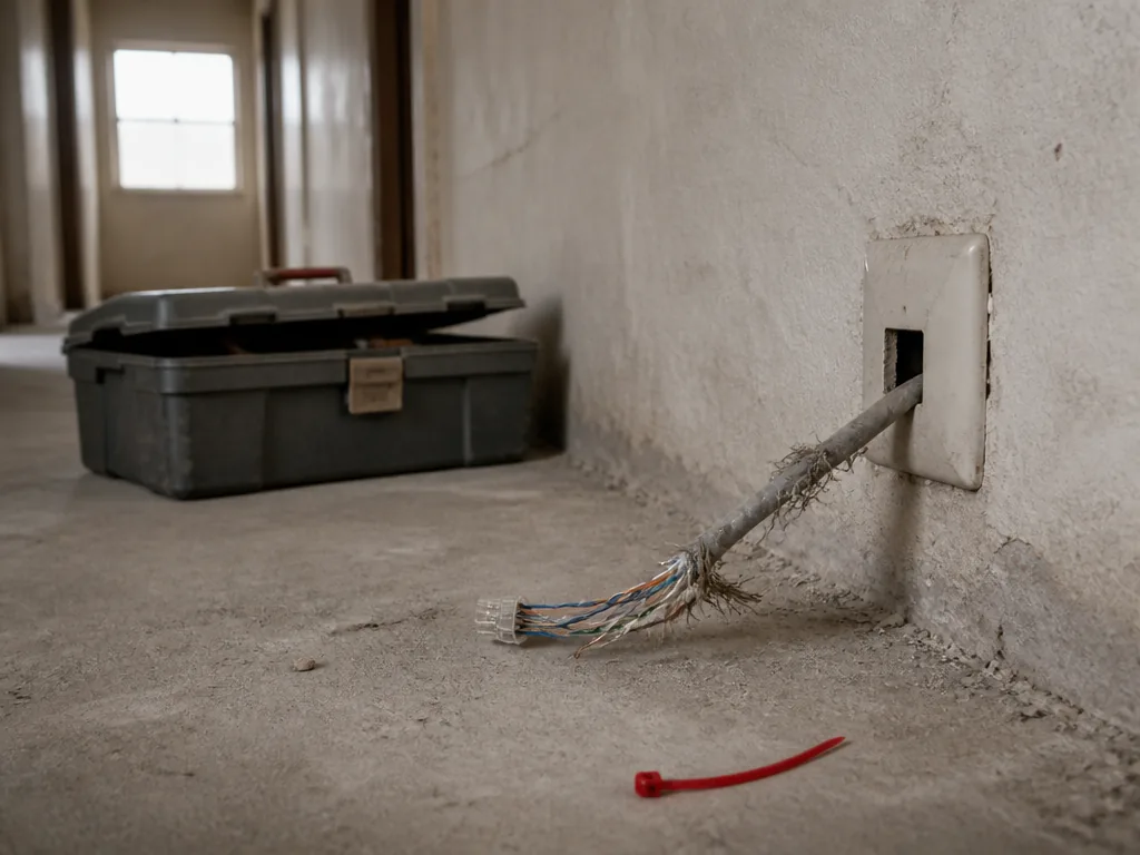 Photorealistic editorial photograph of a frayed ethernet cable pulled from a dusty wall socket, a single red cable tie o