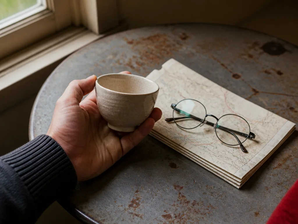 Photorealistic editorial photograph of a person's palm holding a blank ceramic coffee cup with cracked glaze, a folded m